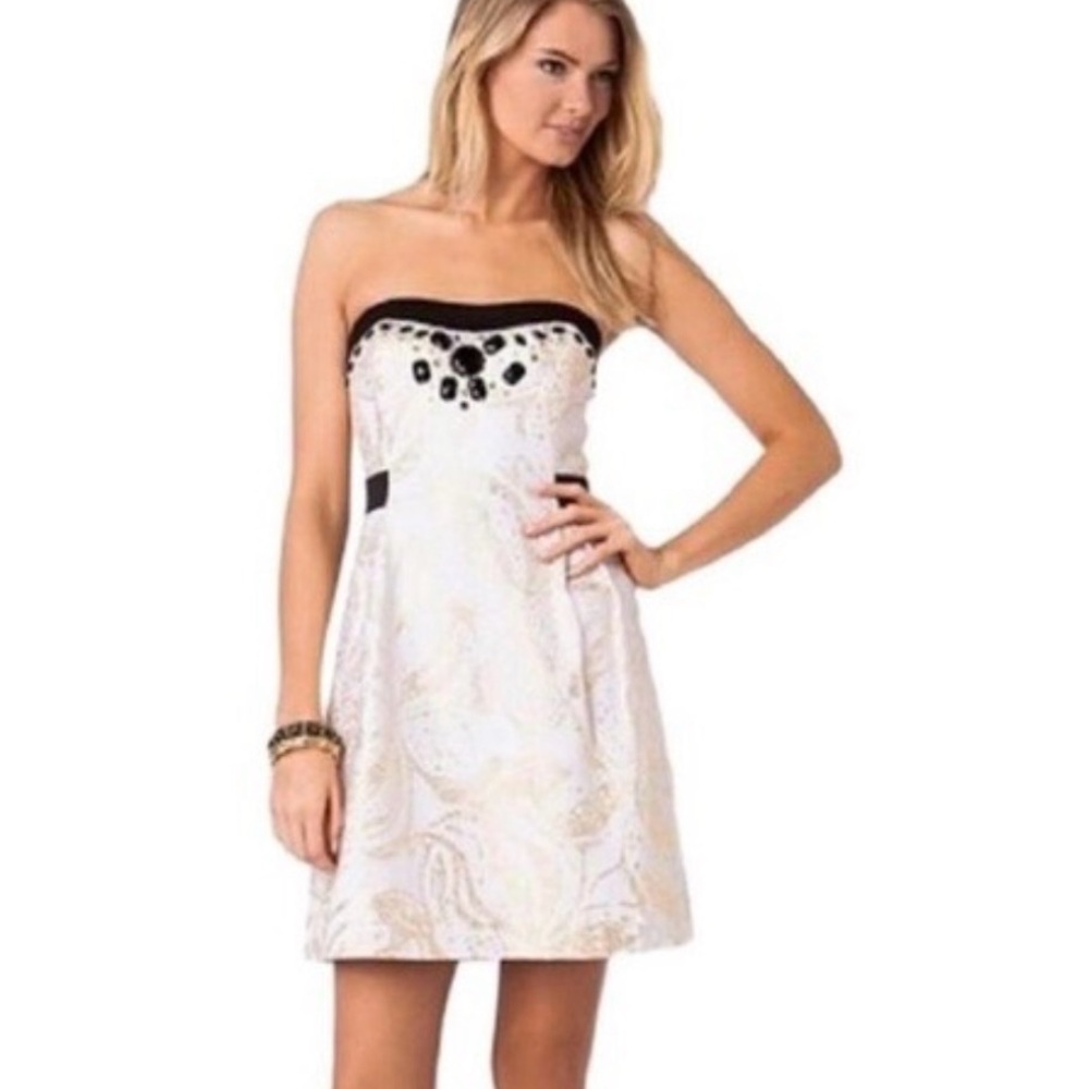 Lilly Pulitzer Strapless White and Gold with Black beaded accents Dress